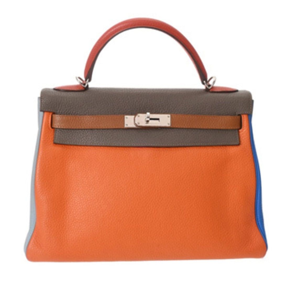 HERMES Kelly 32 Harlequin, Orange Etain, Blue Run, Mykonos, P Stamp (circa 2012), Women's Taurillon: --- Catalog ---Category: SizeSize (HxWxD): 22cm x 32cm x 12cm / 8.66'' x 12.59'' x 4.72''Strap Length: 88cm / 34.64''Category: DesignType: HandbagColor: Blue lin, Etain, Orange, SanguineGender: WomenC