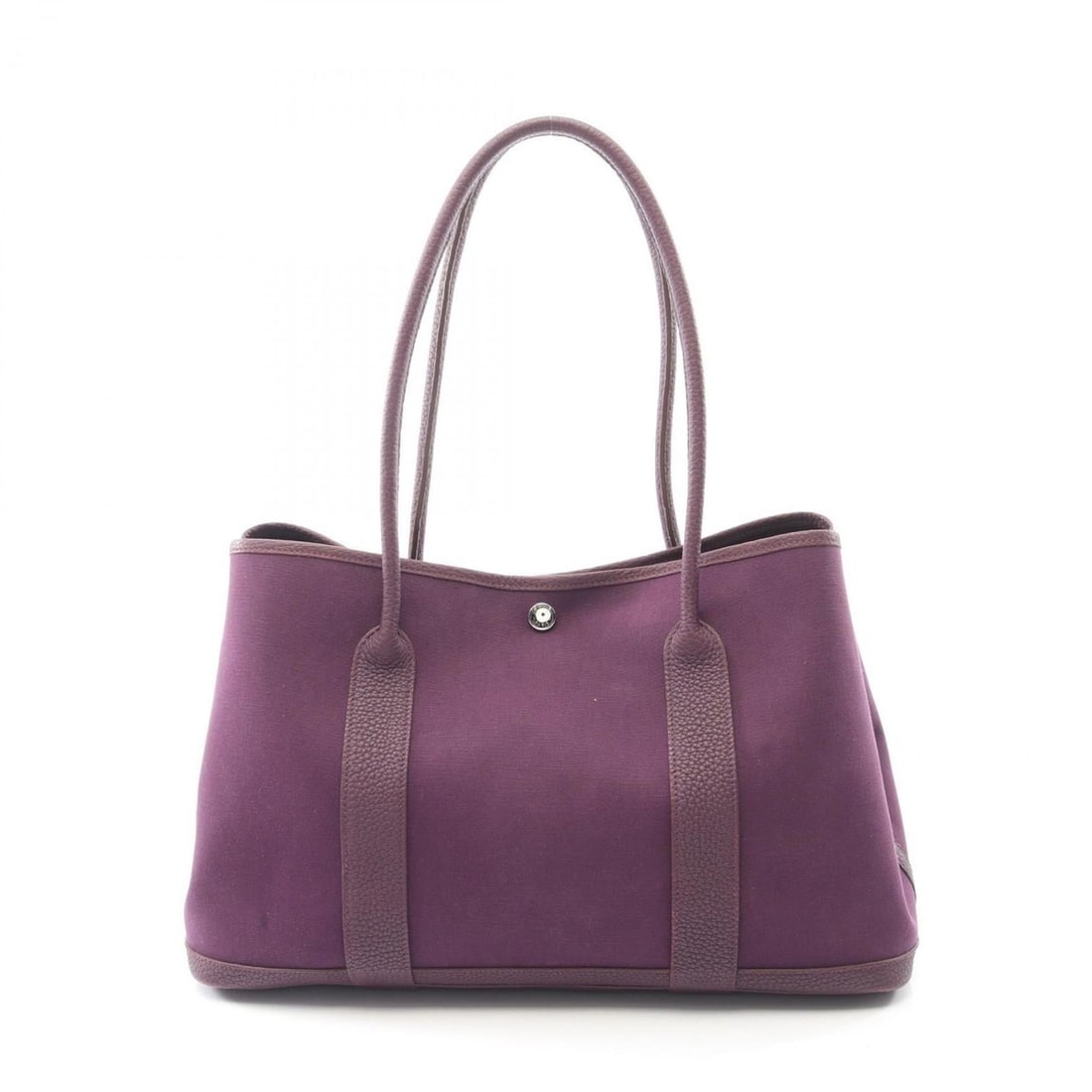 Hermes Hermès Garden Party PM Tote Bag in Canvas and Calfskin Leather, Toile Officier Vache: --- Catalog ---Category: SizeSize (HxWxD): 25cm x 36cm x 17cm / 9.84'' x 14.17'' x 6.69''Category: DesignType: Tote bagColor: Cassis, PurpleGender: WomenMaterial: Canvas , Toile officier , Leather Har