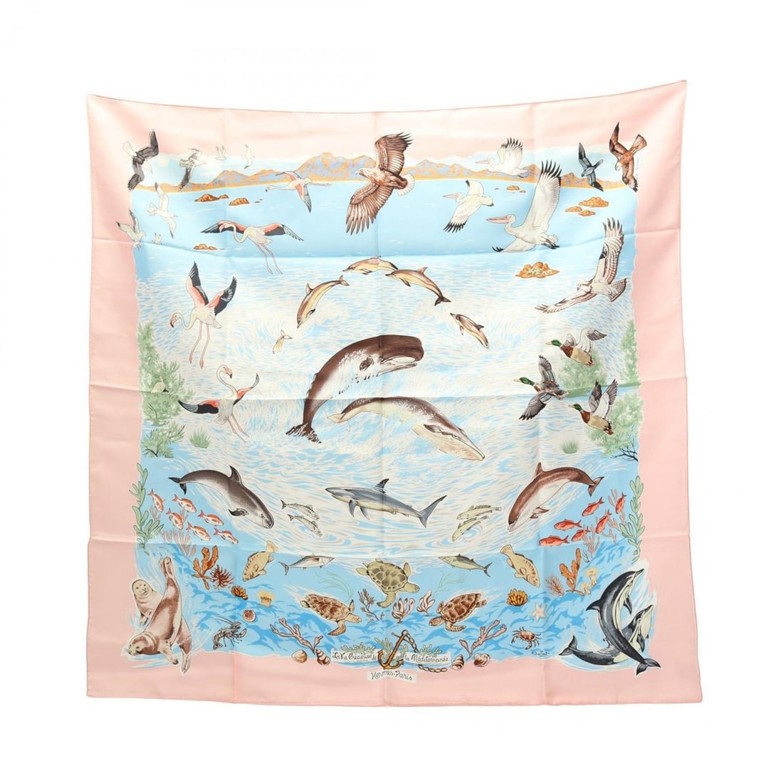 Hermès HERMES Carré 90 "LAVIE PRECIEUSE DE LA MEDITERRANEE" Silk Scarf for Women in Pink (1 of 15)