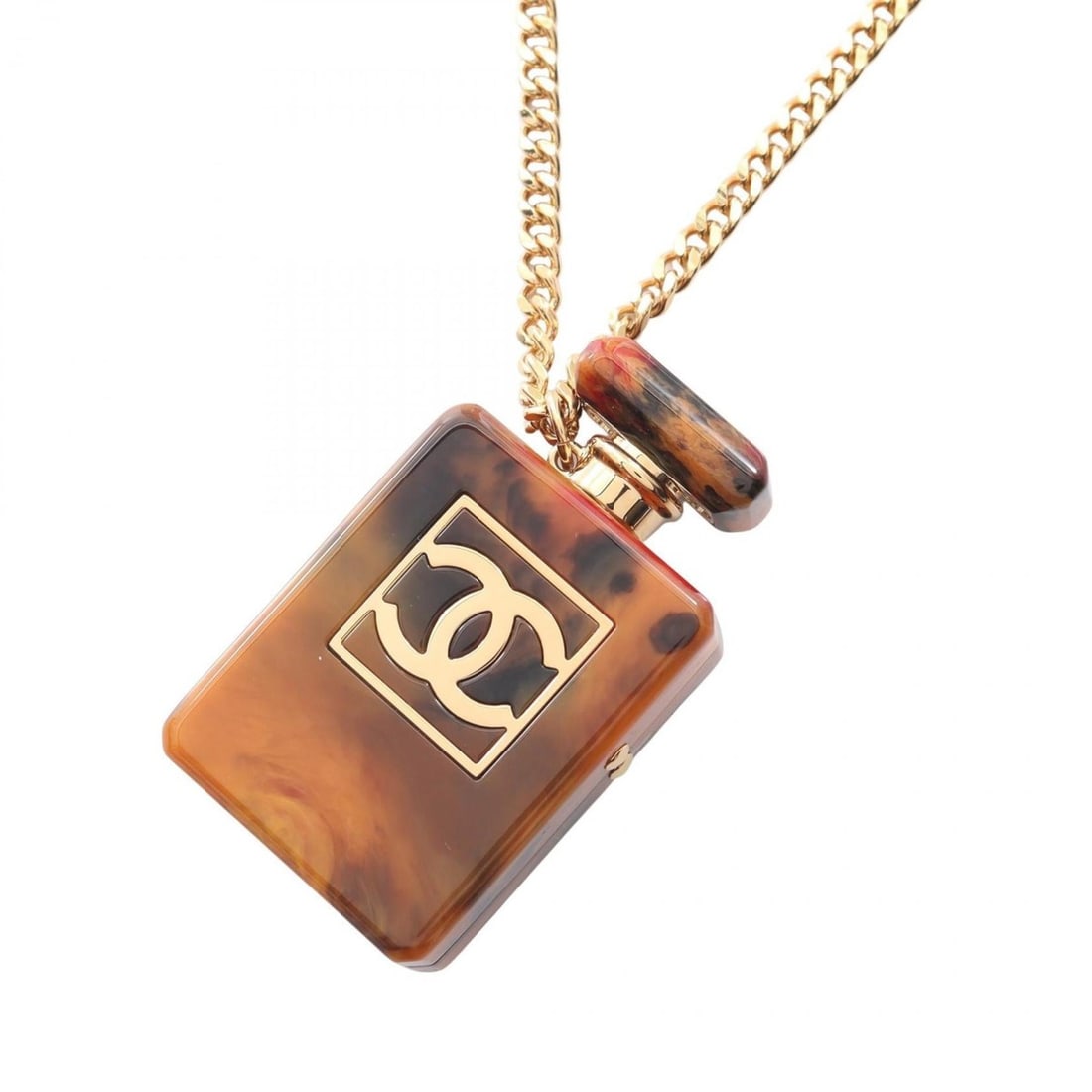 Chanel Coco Mark Perfume Bottle Motif Necklace, Gold-Plated Plastic, Women's, Brown and Gold: --- Catalog ---Category: SizePendant Size: 55mm x 30mm / 2.16'' x 1.18''Neck Circumference: 77 cm - 84 cm / 30.31'' - 33.07''Category: DesignColor: Brown, GoldGender: WomenMaterial: Gold plating, Plas