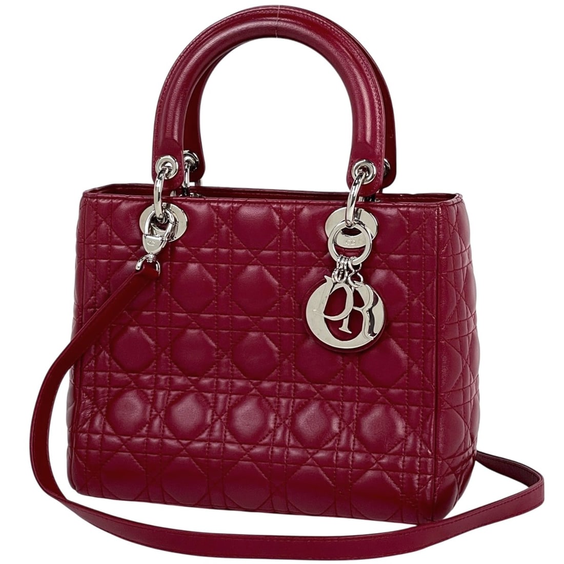 Christian Dior Lady Cannage 2-Way Shoulder Bag/Medium Handbag in Red Leather for Women: --- Catalog ---Category: SizeSize (HxWxD): 20.5cm x 24.5cm x 11.5cm / 8.07'' x 9.64'' x 4.52''Category: DesignType: Handbag, Shoulder bagColor: Red colorGender: WomenMaterial: Leather Category: Genera