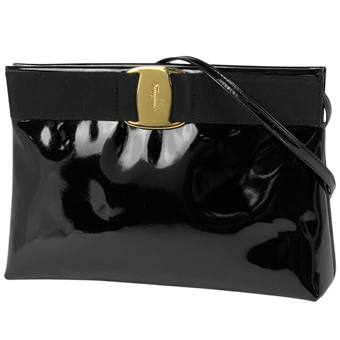 Salvatore Ferragamo Vara Shoulder Bag, 2-Way Clutch Enamel Patent Leather, Black, 0588, Women's: --- Catalog ---Category: SizeSize (HxWxD): 19cm x 27.5cm x 7.5cm / 7.48'' x 10.82'' x 2.95''Category: DesignType: Clutch bag, Shoulder bagColor: BlackGender: WomenMaterial: Patent leather Category: Ge