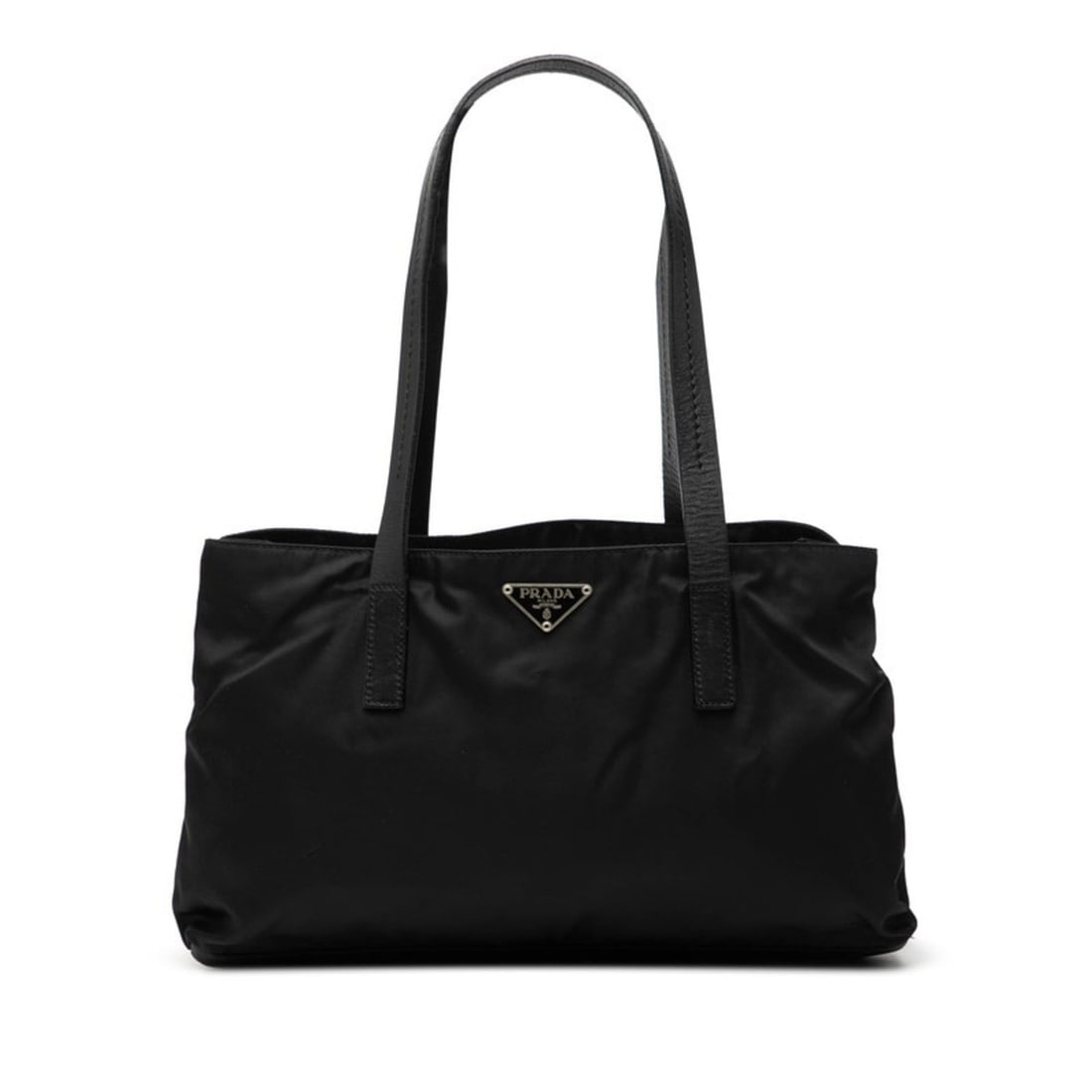 Prada Triangle Logo Plate Tote Bag Handbag Black Nylon Leather Women's PRADA: --- Catalog ---Category: SizeSize (HxWxD): 20cm x 32cm x 7.5cm / 7.87'' x 12.59'' x 2.95''Category: DesignType: Handbag, Tote bagColor: BlackGender: WomenMaterial: Nylon , Leather Category: GeneralBra