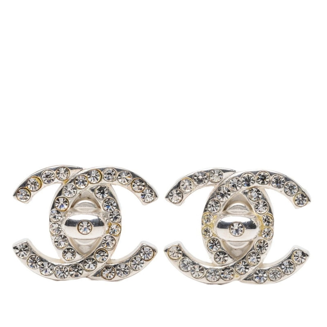 CHANEL Coco Mark Turn Lock Vintage Earrings, Silver Plated with Rhinestones, Women's: --- Catalog ---Category: SizeSize (HxWxD): 21.50mm x 26.80mm / 0.85'' x 1.06''Category: DesignType: Clip earringsColor: SilverStone: RhinestoneGender: WomenCategory: GeneralBrand: Chanel--- Item List