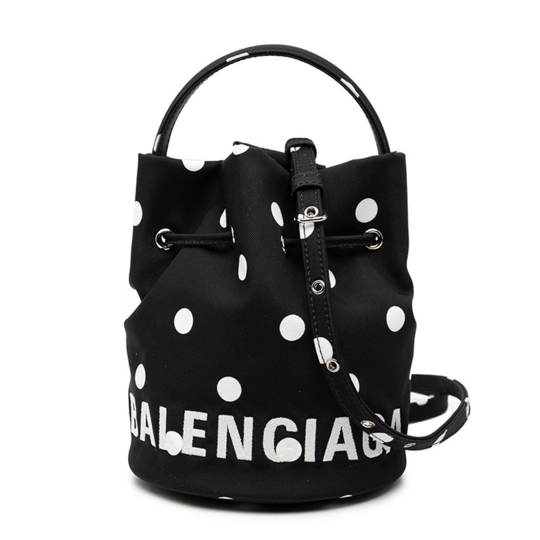 Balenciaga Dot Wheel XS Handbag, Bucket Bag, Shoulder 2-Way, 619458, Black and White Nylon, Women's: --- Catalog ---Category: SizeSize (HxWxD): 18.5cm x 14cm x 14cm / 7.28'' x 5.51'' x 5.51''Category: DesignType: Handbag, Shoulder bagColor: Black, WhiteGender: WomenMaterial: Nylon Category: GeneralMP