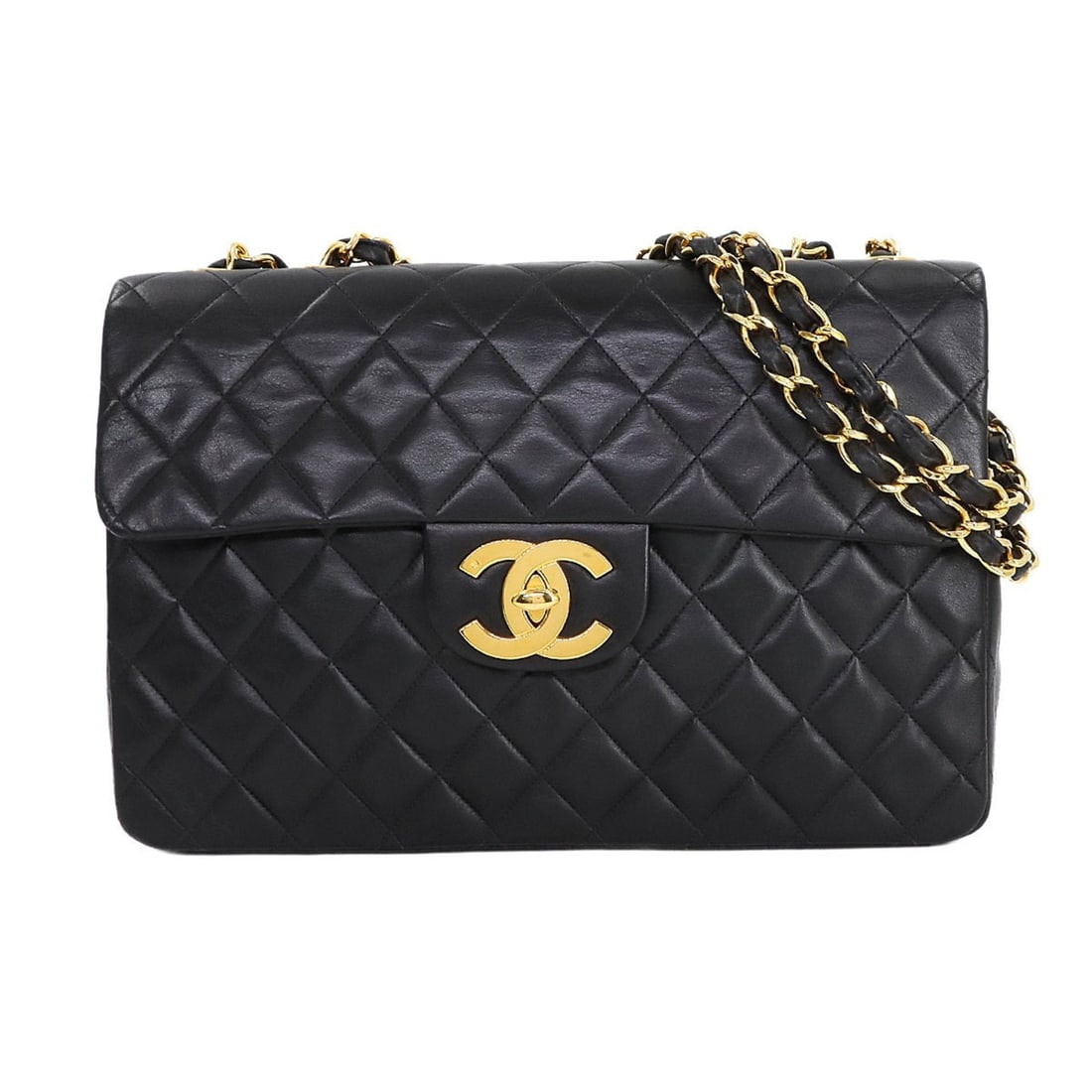 CHANEL Dekamato Matelasse 34 Chain Shoulder Bag in Black Lambskin with Gold Hardware (A01094): --- Catalog ---Category: SizeSize (HxWxD): 21cm x 33.5cm x 10cm / 8.26'' x 13.18'' x 3.93''Category: DesignType: Shoulder bagColor: BlackGender: WomenMaterial: Leather Hardware Color: GoldLeather/Fur