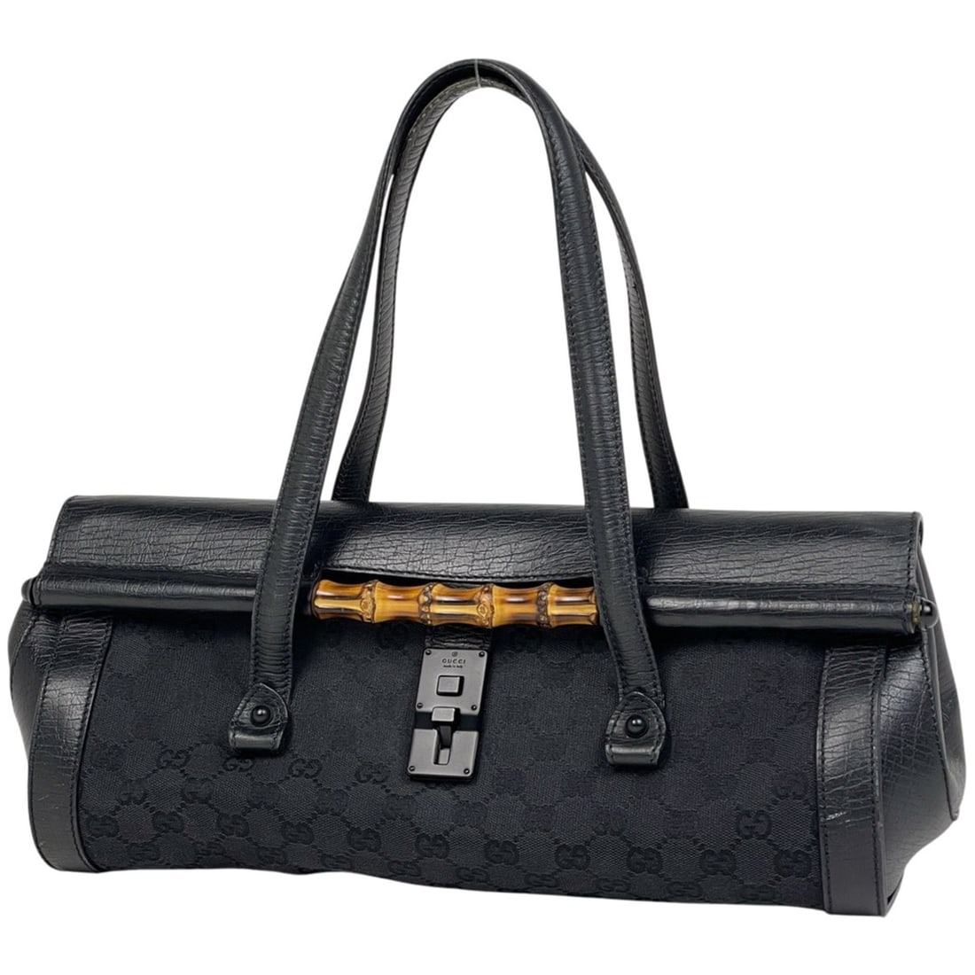Gucci Bamboo Handbag with GG Pattern, Black Canvas, 111715, Women's: --- Catalog ---Category: SizeSize (HxWxD): 17cm x 36cm x 12cm / 6.69'' x 14.17'' x 4.72''Category: DesignType: HandbagColor: BlackGender: WomenMaterial: GG canvas , Leather Category: GeneralMPN: 11171