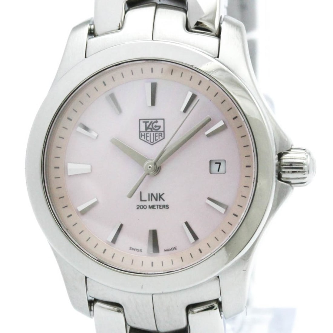 TAG HEUER Link Pink MOP Dial Steel Quartz Ladies Watch WJF1312 Polished: --- Catalog ---Category: SizeCase Diameter: 27mm / 1.06''Category: DesignType: WristwatchStyle: Dress/FormalGender: WomenColor (Dial): Pink shellMaterial (Band): Stainless steelMaterial (Case):