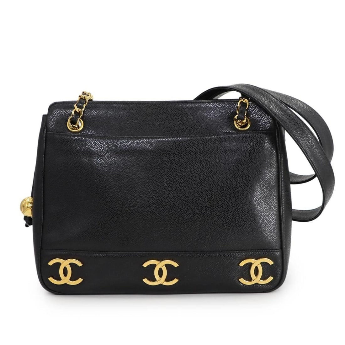 CHANEL Triple Coco Chain Tote Bag in Caviar Leather and Black (A03675): --- Catalog ---Category: SizeSize (HxWxD): 24.5cm x 31cm x 8cm / 9.64'' x 12.2'' x 3.14''Category: DesignType: Tote bagColor: BlackGender: WomenMaterial: Grained Calfskin Category: GeneralMPN: A03675B