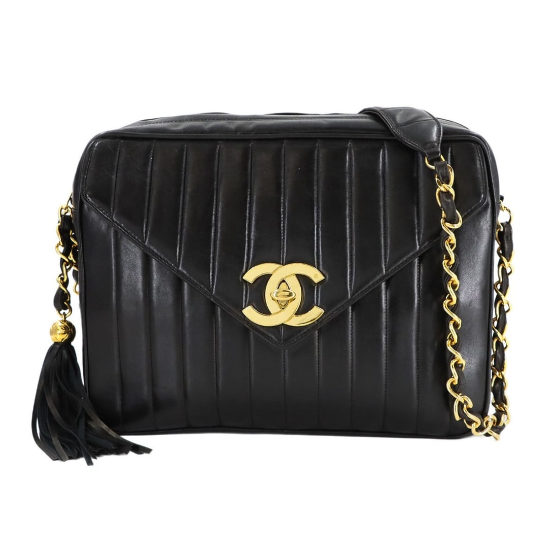 CHANEL Mademoiselle Chain Shoulder Bag in Black Lambskin with Gold Hardware: --- Catalog ---Category: SizeSize (HxWxD): 22.5cm x 29.5cm x 7.5cm / 8.85'' x 11.61'' x 2.95''Category: DesignType: Shoulder bagColor: BlackGender: WomenMaterial: Leather Leather/Fur Type: LambskinCat