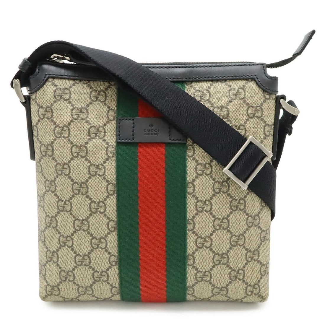 GUCCI GG Supreme Sherry Line Web Flat Shoulder Bag in Beige and Black PVC (471454): --- Catalog ---Category: SizeSize (HxWxD): 21.5cm x 20cm x 5cm / 8.46'' x 7.87'' x 1.96''Category: DesignType: Shoulder bagColor: BeigeGender: Women,MenMaterial: Canvas Category: GeneralMPN: 471454Bra