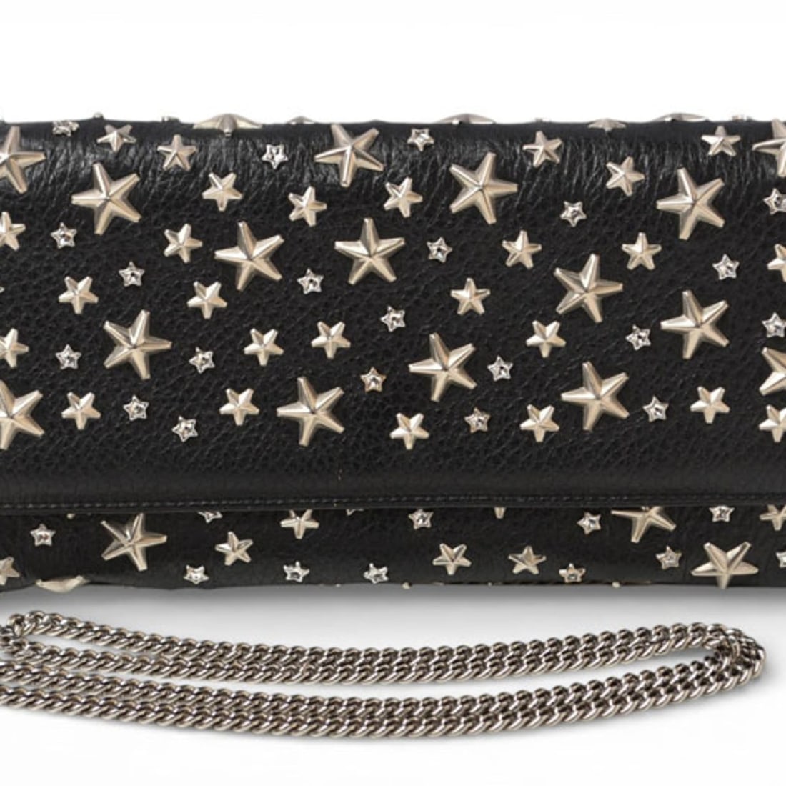 Jimmy Choo chain wallet, long shoulder bag, JIMMY CHOO star studs, rhinestones, black: --- Catalog ---Category: SizeSize (HxWxD): 11cm x 21.5cm x 2cm / 4.33'' x 8.46'' x 0.78''Strap / Chain Length: 1.3m / 51.18''Category: DesignType: Chain/Shoulder walletColor: BlackGender: WomenClosure