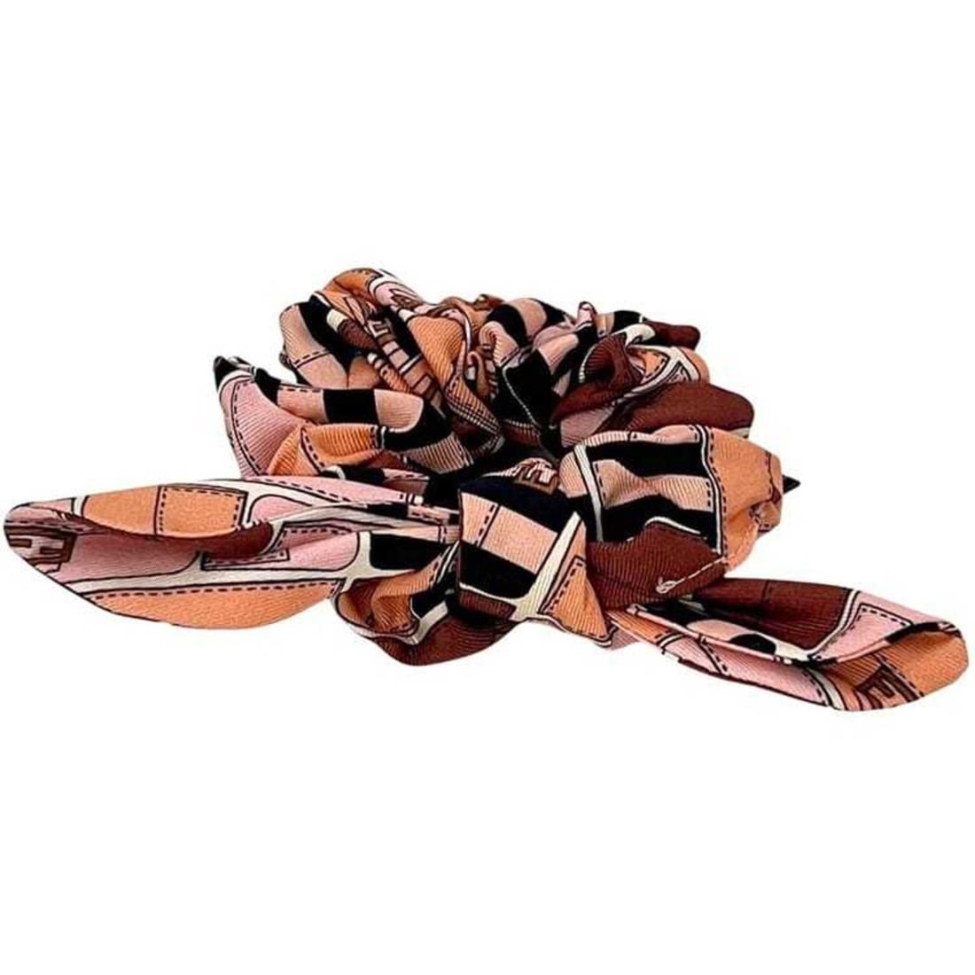 Fendi Scrunchie ec-24914 in pink, beige, and black silk. FENDI Hair Ribbon FF Zucca Women's Silk: --- Catalog ---Category: SizeSize (LxW): 7.5cm x 13.3cm / 2.95'' x 5.23''Category: DesignType: ScrunchieColor: Beige, Black, PinkGender: WomenMaterial: SilkCategory: GeneralBrand: Fendi--- Item List -