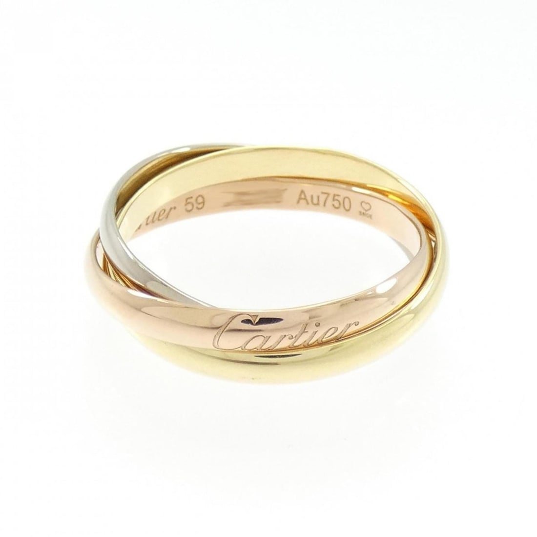 Cartier Trinity Ring: --- Catalog ---Category: SizeJP Size: 19US Size: 9.5Category: DesignColor: Pink, White, YellowGender: WomenMaterial: Pink gold, White gold, Yellow goldCategory: GeneralMPN: B4086100Brand: Cartier--- I