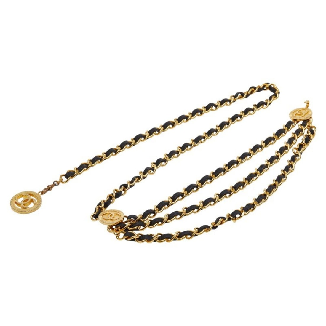 CHANEL Coco Mark 1984 Vintage Chain Belt in Gold and Black Plated Leather for Women: --- Catalog ---Category: SizeLength: 90cm / 35.43''Category: DesignType: Chain beltColor: Black, GoldGender: WomenMaterial (Strap): Leather Category: GeneralBrand: Chanel--- Item List ---Section: Cond