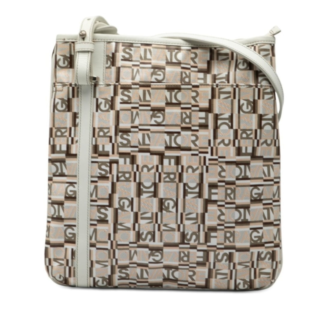 Salvatore Ferragamo logo crossbody shoulder bag in white and pink leather for women.: --- Catalog ---Category: SizeStrap Drop: 63cm / 24.8''Size (HxWxD): 27cm x 25.5cm x 1.5cm / 10.62'' x 10.03'' x 0.59''Category: DesignType: Shoulder bagColor: Pink, WhiteGender: WomenClosure: ZipperMa