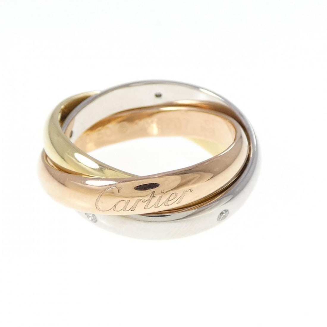 Cartier Trinity Ring: --- Catalog ---Category: SizeUS Size: 5.5Brand Size: 50Category: DesignType: Band ringColor: Pink gold, White gold, Yellow goldStone: DiamondGender: WomenMaterial: Pink gold (18K), White gold (18K),
