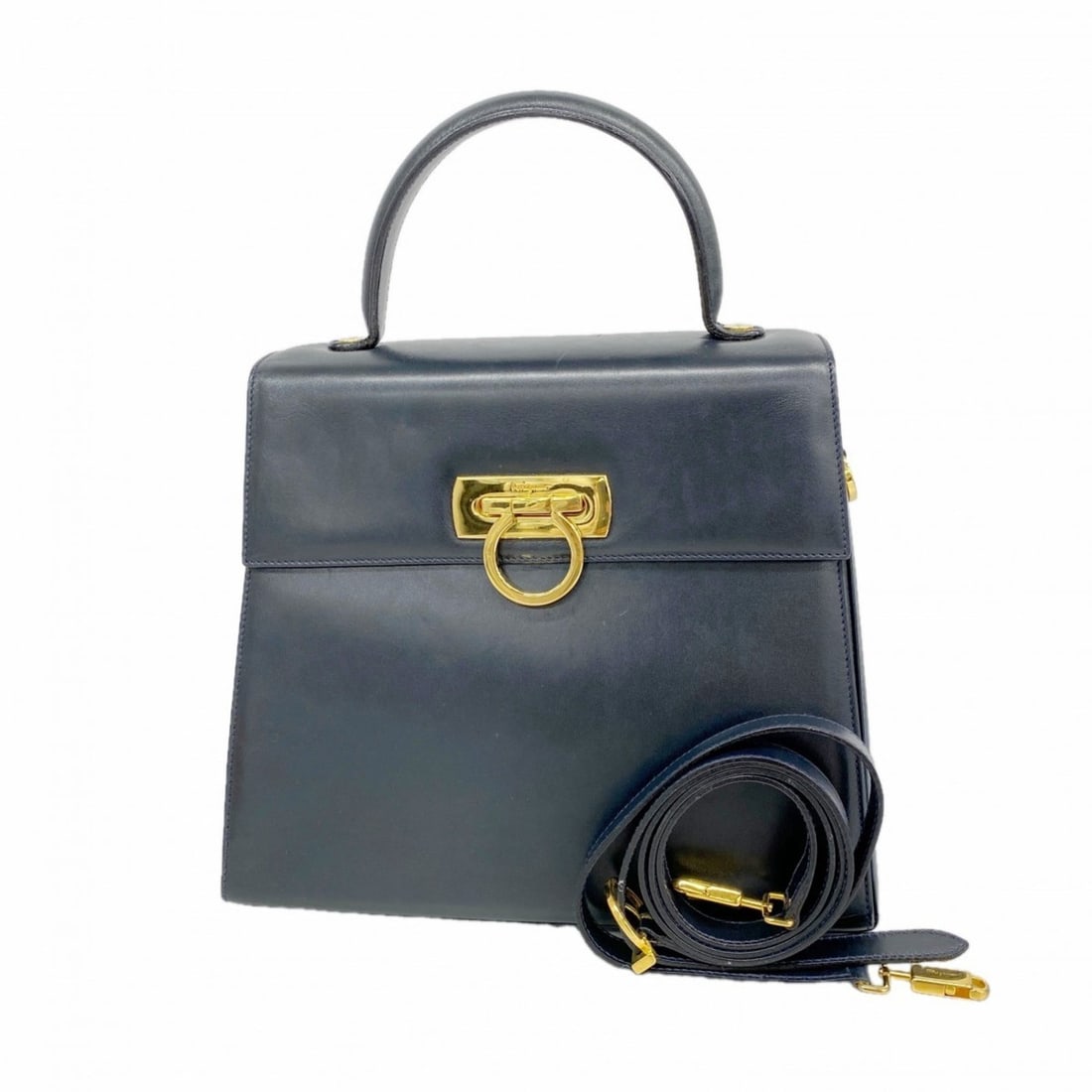 Salvatore Ferragamo Gancini Leather Handbag, Navy Blue, 2-Way Bag for Women (1 of 20)