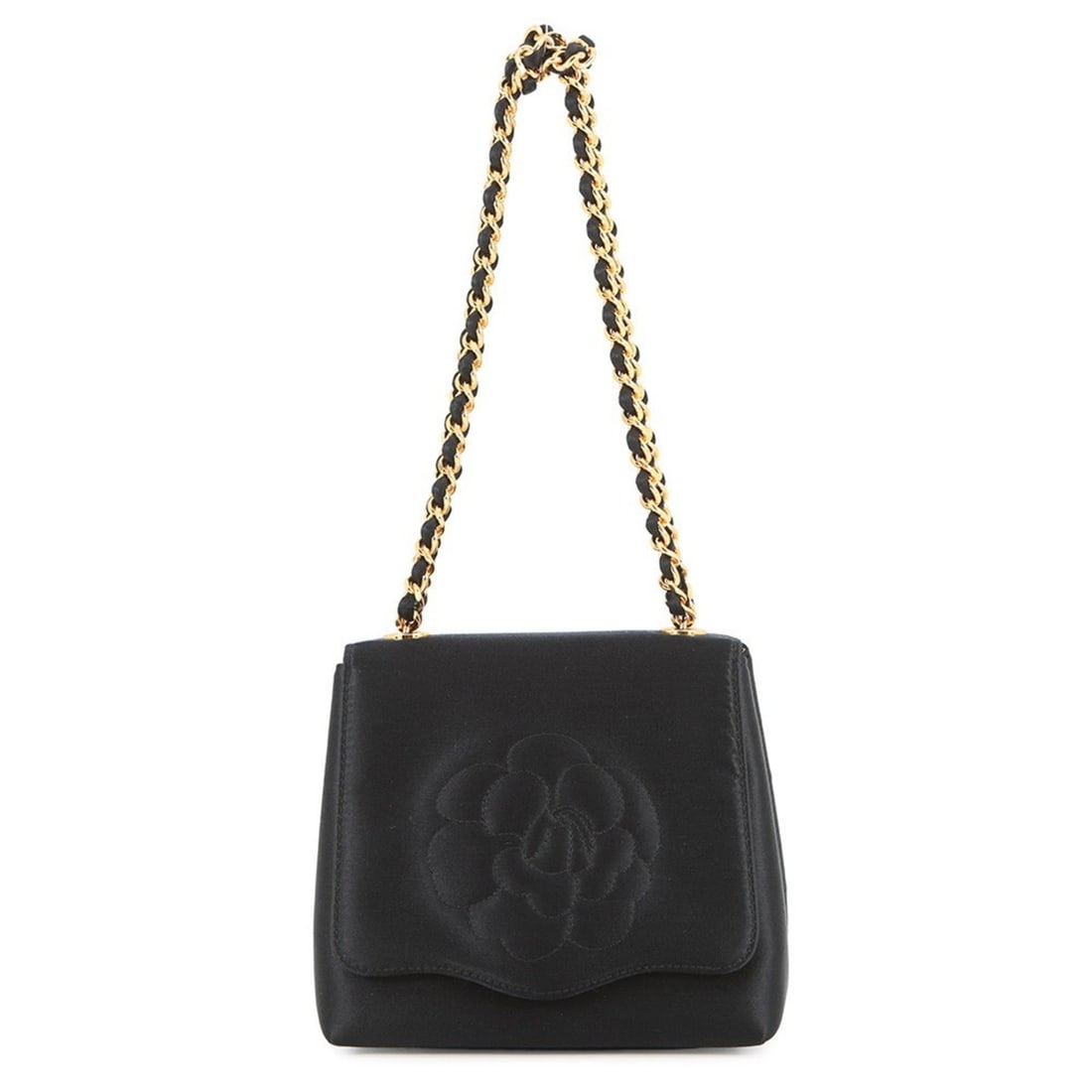 CHANEL handbag with knotted chain and camellia pattern in satin. Black. (1 of 16)