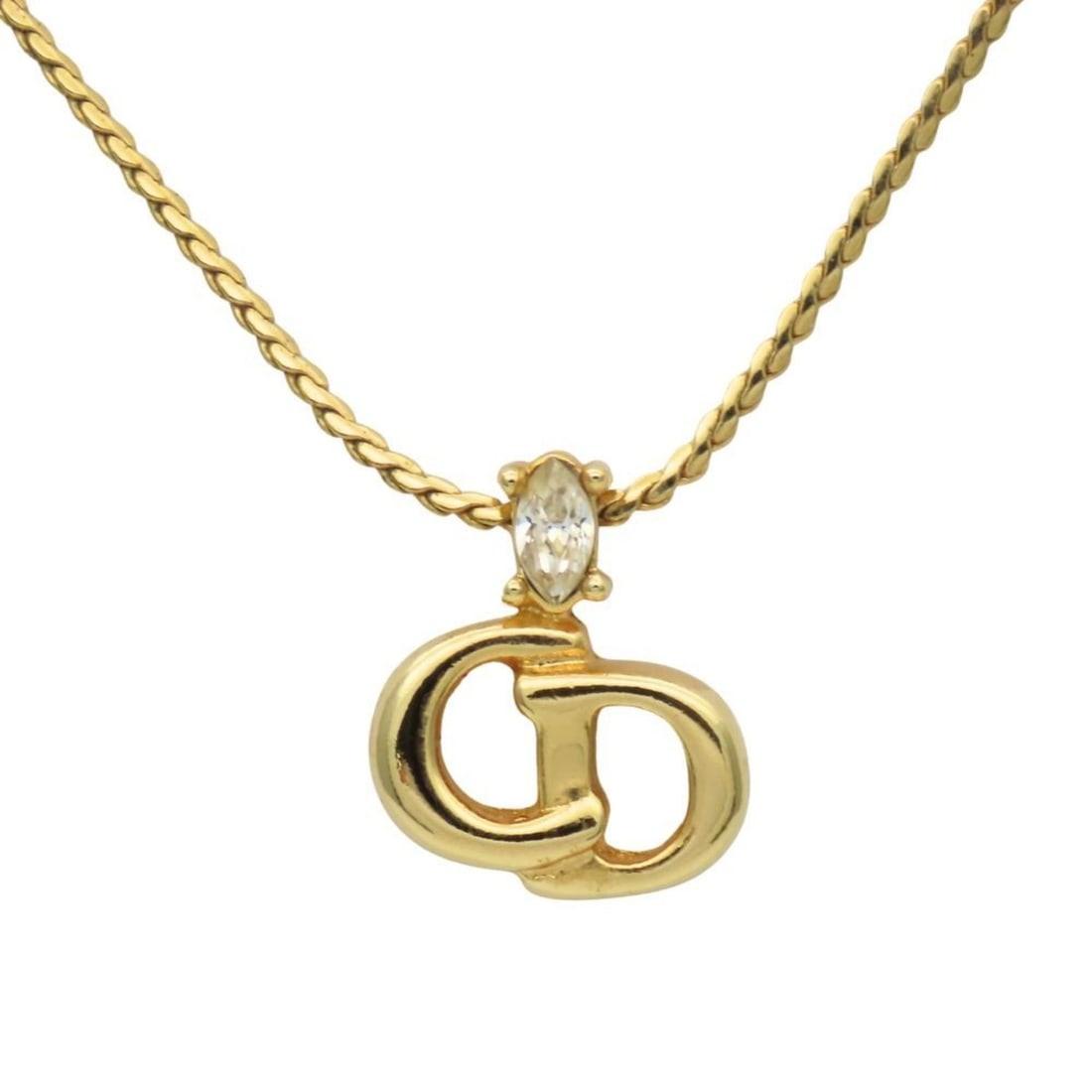 Christian Dior necklace, metal, rhinestones, gold, plated, CD logo, women's.: --- Catalog ---Category: SizeWeight: 4.5g / 0.15oz.Pendant Size: 15mm x 12.6mm / 0.59'' x 0.49''Neck Circumference: 42 cm / 16.53''Category: DesignColor: GoldStone: RhinestoneGender: WomenMaterial: Me