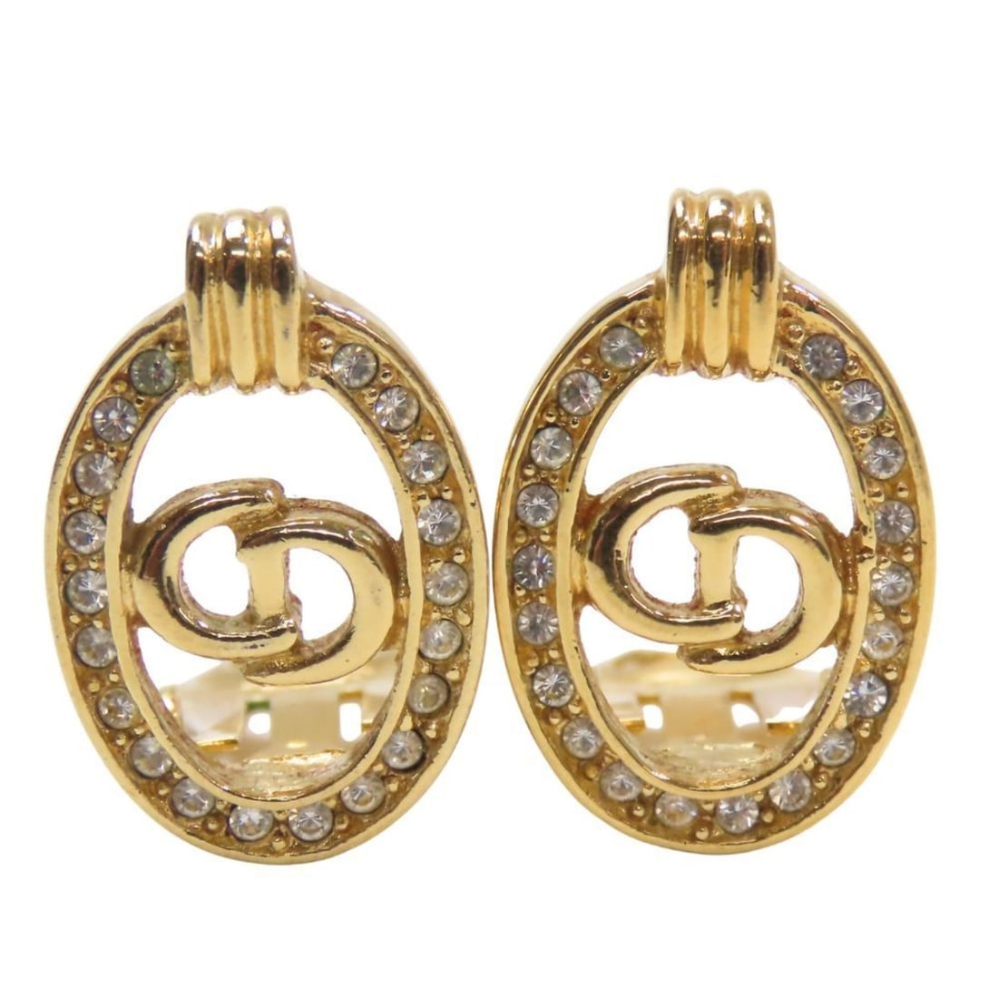 Christian Dior CD logo metal earrings with rhinestones in gold plated GP for women. (1 of 10)