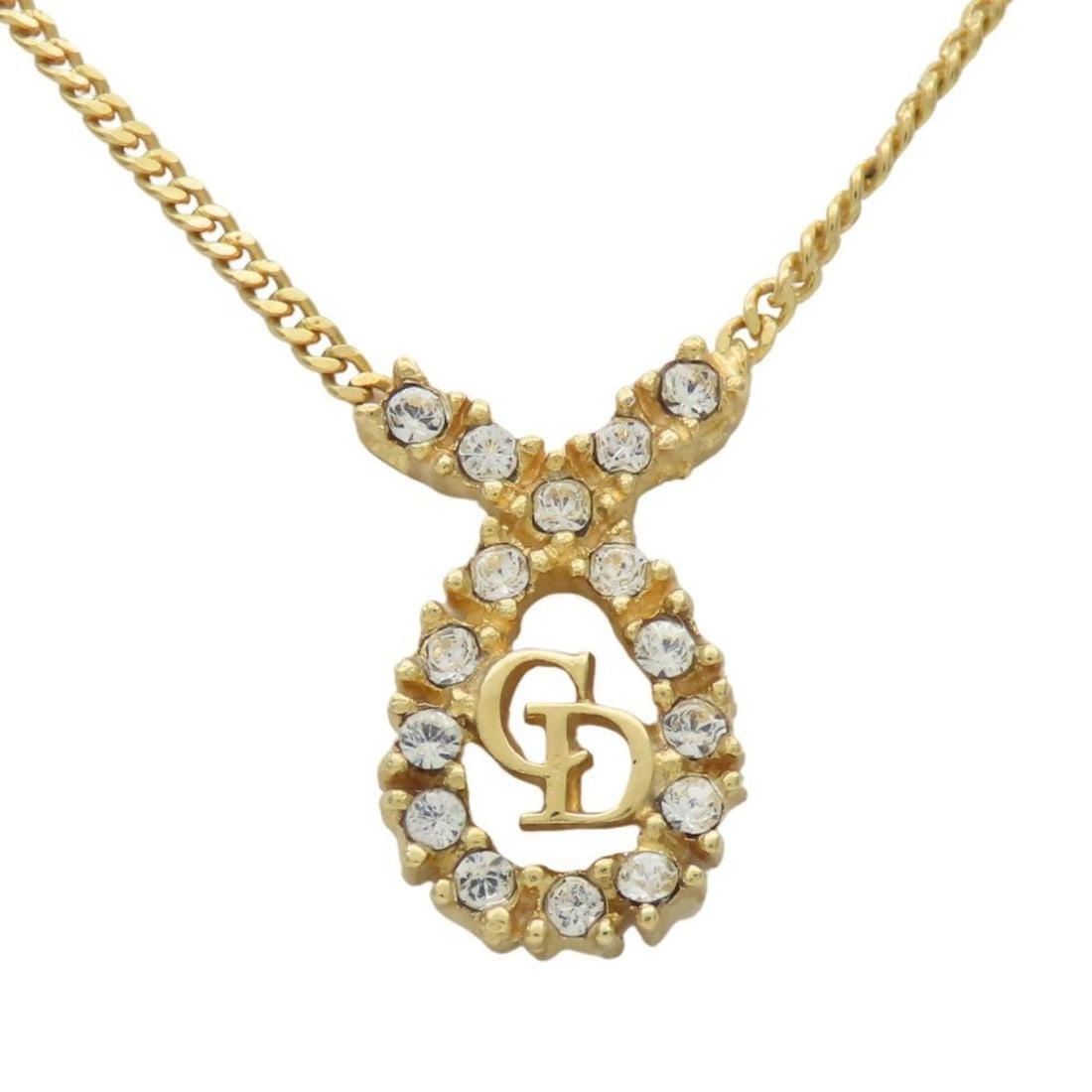 Christian Dior CD logo metal necklace with rhinestones and gold-plated GP. Women's. (1 of 16)