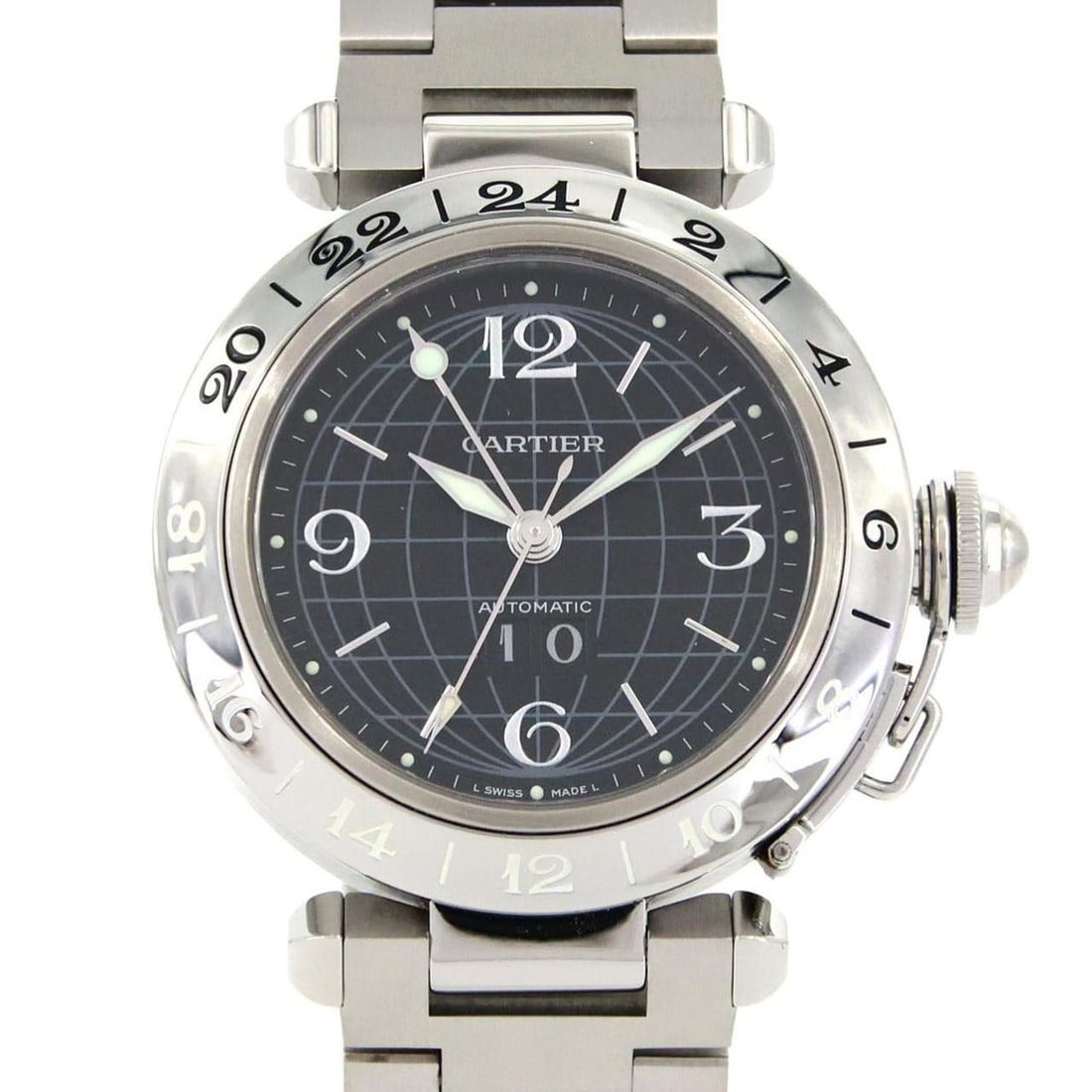 Cartier Pasha C GMT Grande Date W31049M7 Stainless Steel Automatic Watch: --- Catalog ---Category: SizeWrist Size: 18.5cm / 7.28''Case Diameter: 35mm / 1.38''Category: DesignType: WristwatchGender: Women,MenColor (Dial): BlackMaterial (Band): Stainless steelMaterial