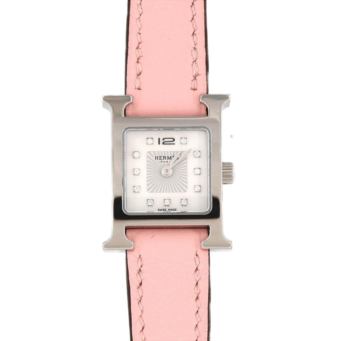 Hermès H Watch 11P HH1.110 Stainless Steel Quartz Wristwatch: --- Catalog ---Category: SizeWrist Size: 24cm / 9.44''Case Diameter: 17mm / 0.67''Category: DesignType: WristwatchGender: WomenColor (Dial): Mother of pearlMaterial (Case): Stainless steelCategory: Ge
