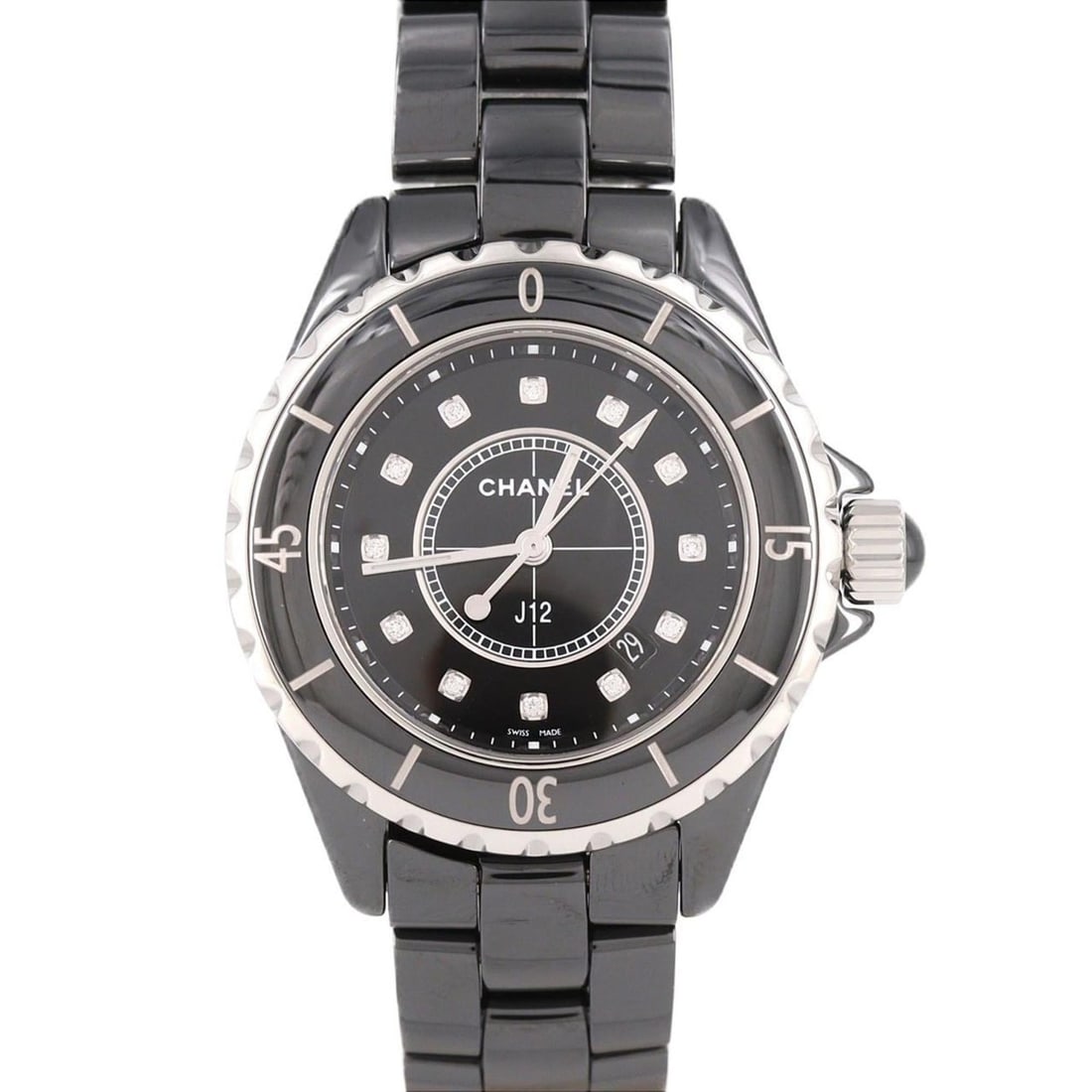 Chanel J12 33mm Ceramic 12P H1625 Quartz Watch: --- Catalog ---Category: SizeWrist Size: 17.5cm / 6.88''Case Diameter: 33mm / 1.3''Category: DesignType: WristwatchGender: WomenColor (Dial): BlackMaterial (Band): CeramicMaterial (Case): CeramicCateg