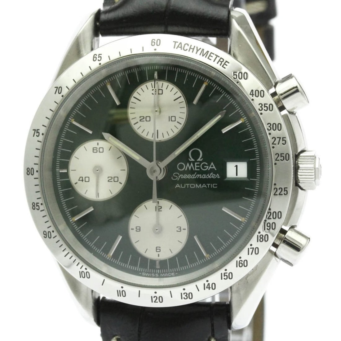 OMEGA Speedmaster Date Steel Automatic Mens Watch 3811.70.26: --- Catalog ---Category: SizeCase Diameter: 38mm / 1.5''Category: DesignType: WristwatchStyle: SportGender: MenColor (Dial): GreenMaterial (Band): LeatherMaterial (Case): Stainless steelCategory: Gene