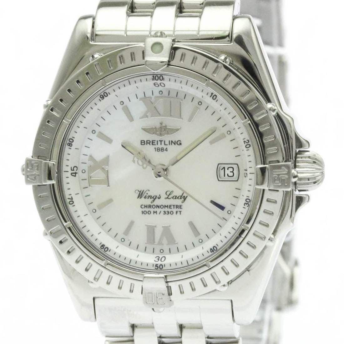 BREITLING Wing Lady MOP Dial Steel Quartz Ladies Watch A67350 Polished: --- Catalog ---Category: SizeCase Diameter: 31mm / 1.22''Category: DesignType: WristwatchStyle: SportGender: WomenColor (Dial): White shellMaterial (Band): Stainless steelMaterial (Case): Stainless