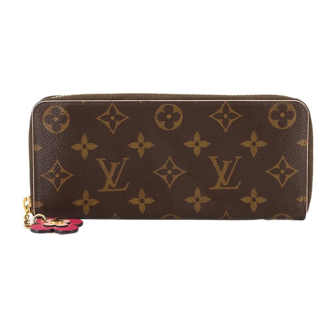 Louis Vuitton Monogram Portefeuille Clemence Round Long Wallet M64201 with Flower Charm: --- Catalog ---Category: SizeSize (HxWxD): 8.5cm x 19.5cm x 2cm / 3.34'' x 7.67'' x 0.78''Category: DesignType: Long wallet (bi-fold)Color: Monogram, PinkGender: WomenMaterial: Monogram Category: Gene