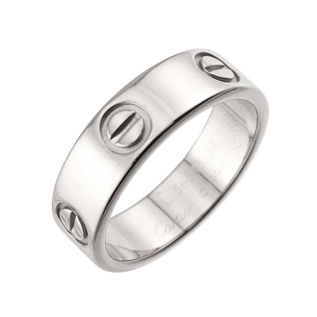 Cartier Love #53 Ring in 18K White Gold (750): --- Catalog ---Category: SizeUS Size: 6.5Brand Size: 53Category: DesignType: Band ringGender: WomenMaterial: White gold (18K)Category: GeneralBrand: Cartier--- Item List ---Section: ConditionRanking:
