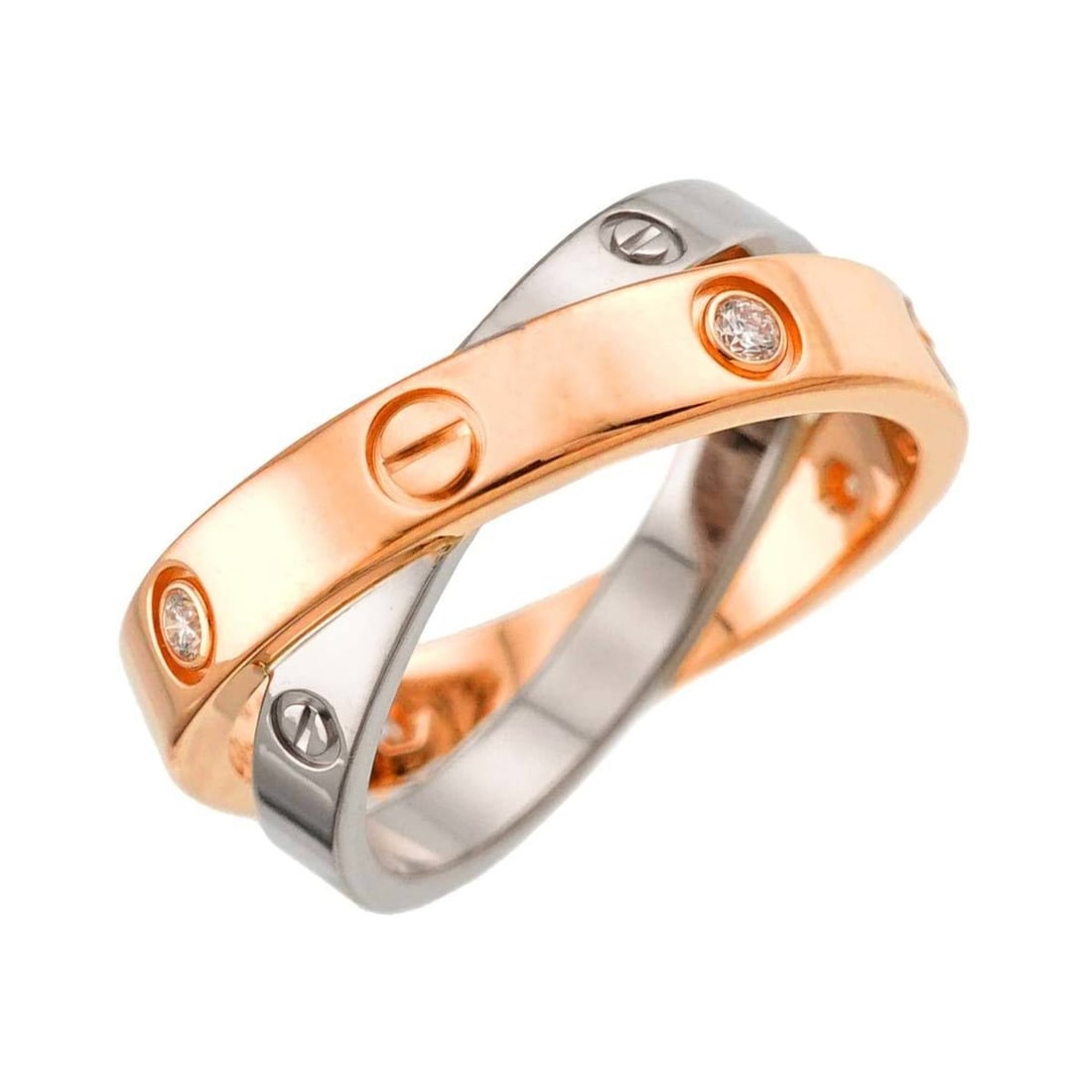 Cartier Be LOVE #48 Ring with 6 Diamonds in 18K White Gold, Pink and PG.: --- Catalog ---Category: SizeUS Size: 4.5Brand Size: 48Category: DesignType: Band ringGender: WomenMaterial: Pink gold (18K), White gold (18K)Category: GeneralBrand: Cartier--- Item List ---Section: C