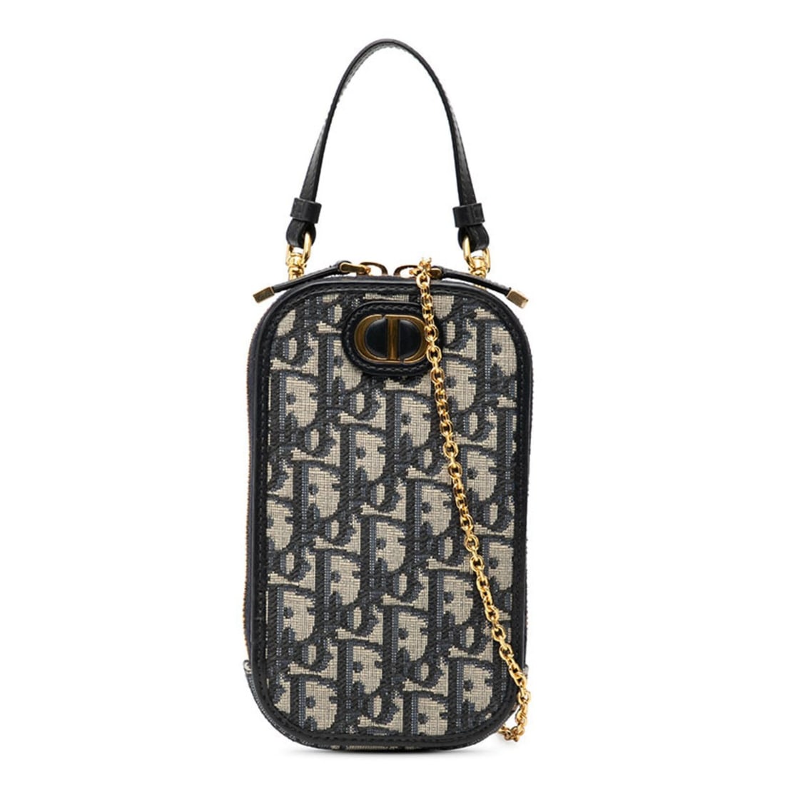 Christian Dior Dior Oblique 30 Montaigne Crossbody Chain Phone Holder in Navy Leather, Canvas, and: --- Catalog ---Category: SizeSize (HxWxD): 18.5cm x 10.5cm x 2.5cm / 7.28'' x 4.13'' x 0.98''Category: DesignType: Shoulder bagColor: NavyGender: WomenMaterial: Leather , Canvas Category: