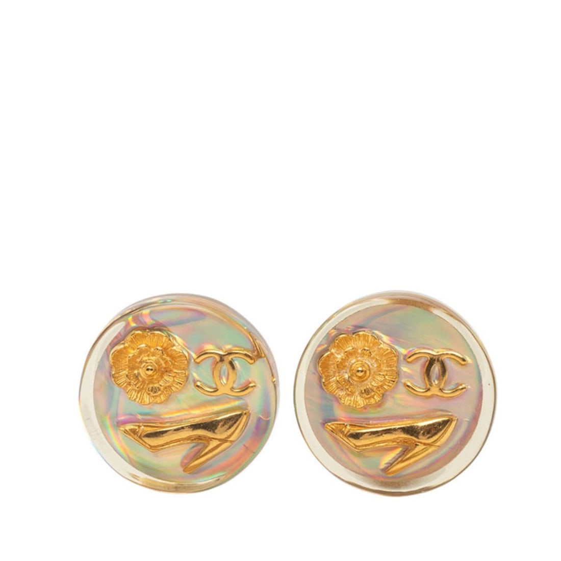 Vintage Chanel Coco Mark Camellia Earrings in Gold with Clear Plated Plastic for Women: --- Catalog ---Category: SizeSize (HxWxD): 24.40mm x 24.40mm / 0.96'' x 0.96''Category: DesignType: Clip earringsColor: Clear, GoldGender: WomenMaterial: Gold plating, PlasticCategory: GeneralBrand: