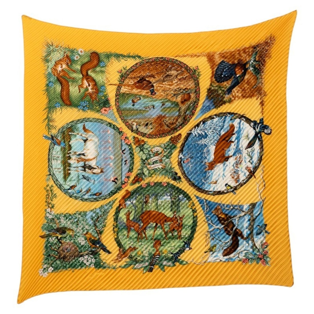 Hermes Hermès Pleated Carré "Les Quatre Saisons" Four Seasons Scarf/Muffler in Yellow and: --- Catalog ---Category: SizeSize (LxW): 1.4m x 1.3m / 55.11'' x 51.18''Category: DesignType: ScarfColor: Multi-color, YellowGender: WomenMaterial: Silk Category: GeneralBrand: Hermes--- Item List ---