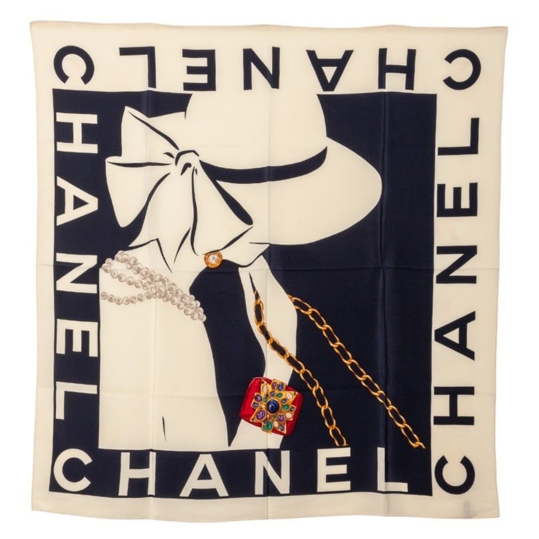 CHANEL Mademoiselle Gripois Scarf/Muffler, Ivory/Black Silk, Women's (1 of 10)