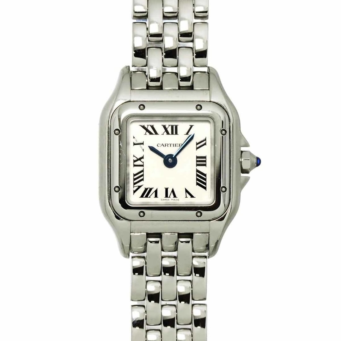 Cartier Panthère de Mini WSPN0019 Women's Silver Quartz Watch: --- Catalog ---Category: SizeWrist Size: 16cm / 6.29''Case Diameter: 19mm / 0.75''Category: DesignType: WristwatchGender: WomenColor (Dial): SilverMaterial (Band): Stainless steelMaterial (Case): Stai