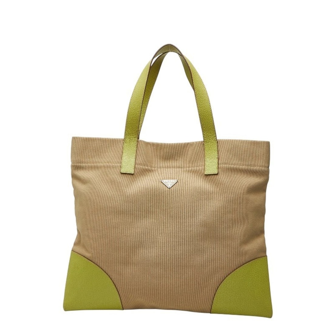Prada Triangle Logo Plate Tote Bag Handbag Beige Green Canvas Leather Women's PRADA (1 of 10)