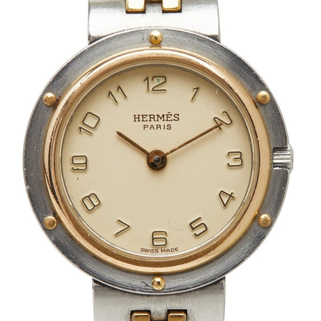 Hermès Olympia Quartz Watch, Beige Dial, Stainless Steel, Plated, Women's: --- Catalog ---Category: SizeWrist Size: 15cm / 5.9''Case Diameter: 24.3mm / 0.96''Category: DesignType: WristwatchGender: WomenColor (Dial): BeigeMaterial (Band): Gold plated, Stainless steelMaterial