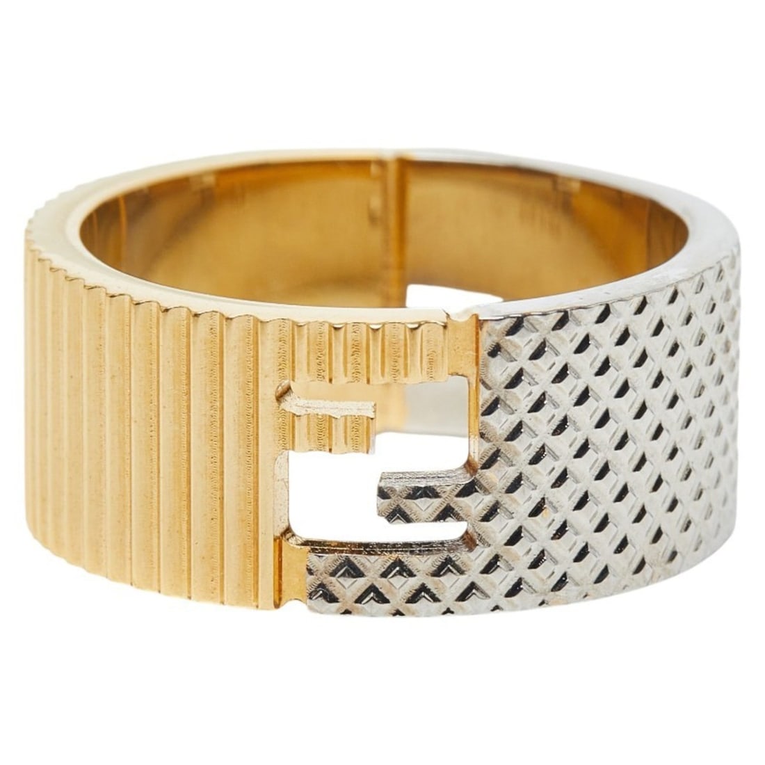 Fendi FF Logo Ring #M 7AJ774 Gold and Silver Plated Metal Men's FENDI: --- Catalog ---Category: SizeJP Size: 21.5US Size: 10Category: DesignType: Band ringColor: Gold, SilverGender: MenMaterial: Gold plating, MetalCategory: GeneralMPN: 7AJ774Brand: Fendi--- Item List ---