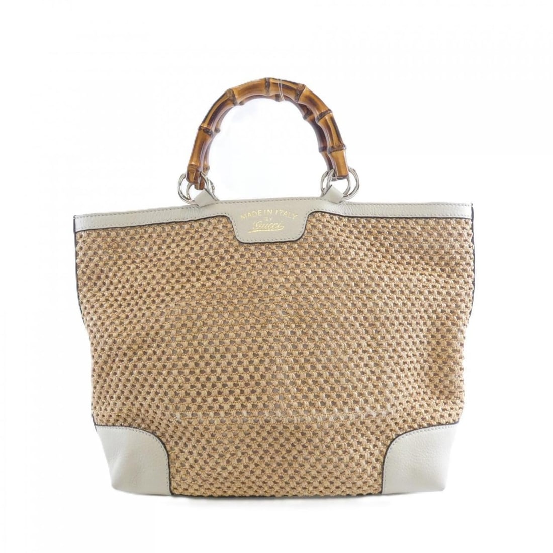 Gucci 338965 handbag: --- Catalog ---Category: SizeSize (HxWxD): 25cm x 37cm x 11cm / 9.84'' x 14.56'' x 4.33''Category: DesignType: HandbagColor: Off-whiteGender: WomenMaterial: Straw , Leather Hardware Color: