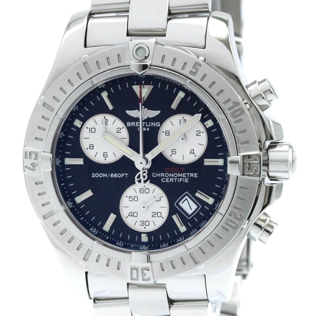 BREITLING Colt Chronograph Steel Quartz Mens Watch A73380 Polished: --- Catalog ---Category: SizeCase Diameter: 41mm / 1.61''Category: DesignType: WristwatchStyle: SportGender: MenColor (Dial): BlackMaterial (Band): Stainless steelMaterial (Case): Stainless