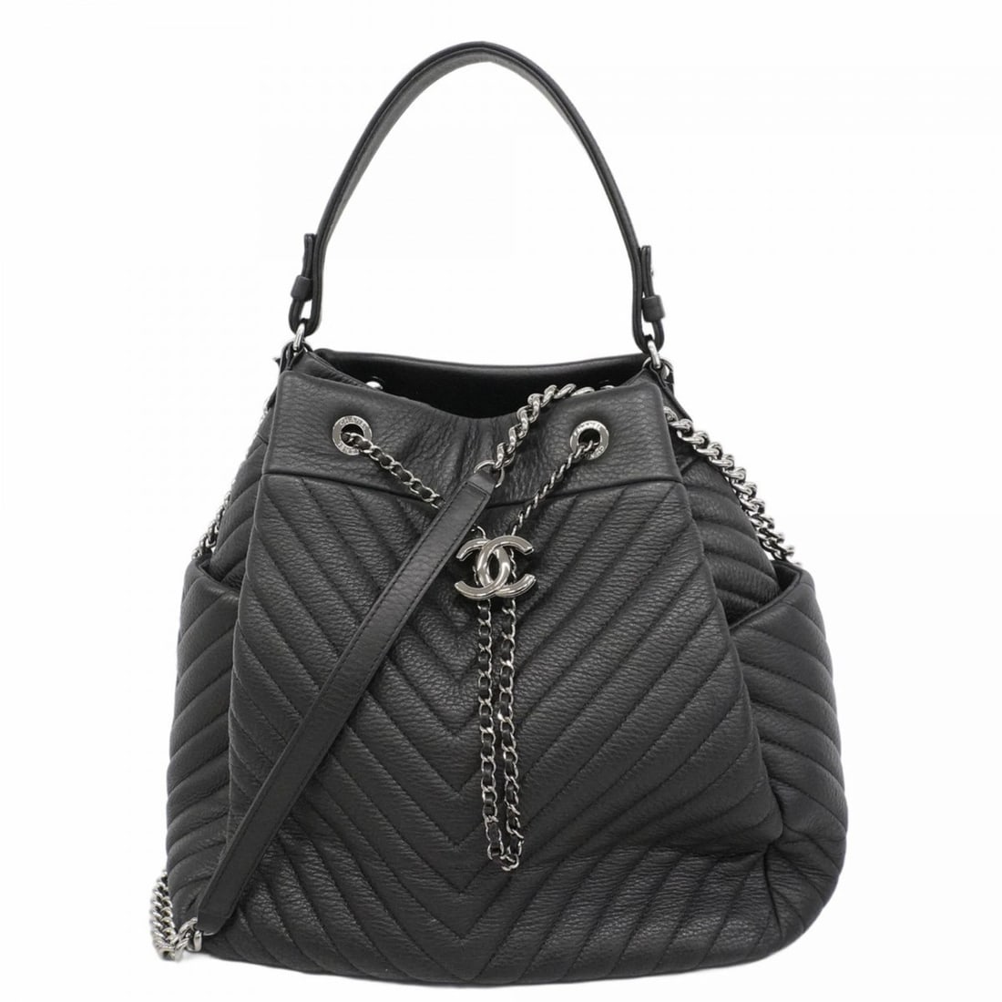 Chanel handbag, V-stitch leather, black, 2-way bag for women: --- Catalog ---Category: SizeSize (HxWxD): 27.5cm x 27cm x 16cm / 10.82'' x 10.62'' x 6.29''Category: DesignType: HandbagColor: BlackGender: WomenMaterial: Leather Hardware Color: SilverCategory: Gene