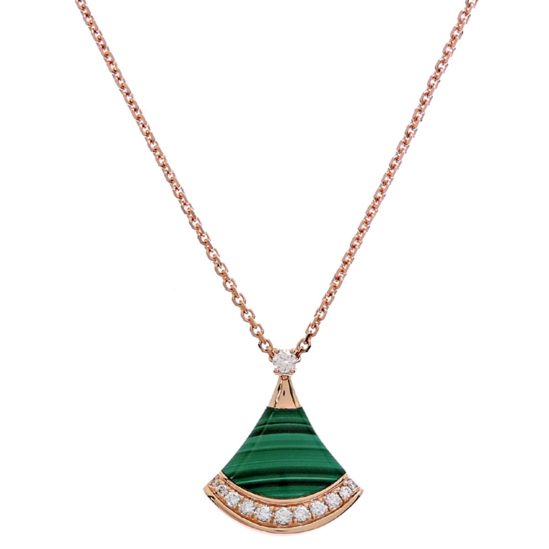 Bvlgari 2025 Diva's Dream Malachite and Diamond Women's Necklace 361252 750 Pink Gold Green: --- Catalog ---Category: SizePendant Size: 16.5mm x 14.1mm / 0.64'' x 0.55''Neck Circumference: 43.5 cm / 17.12''Category: DesignGender: WomenMaterial: Pink gold (18K)Necklace Type: NecklaceCategory: