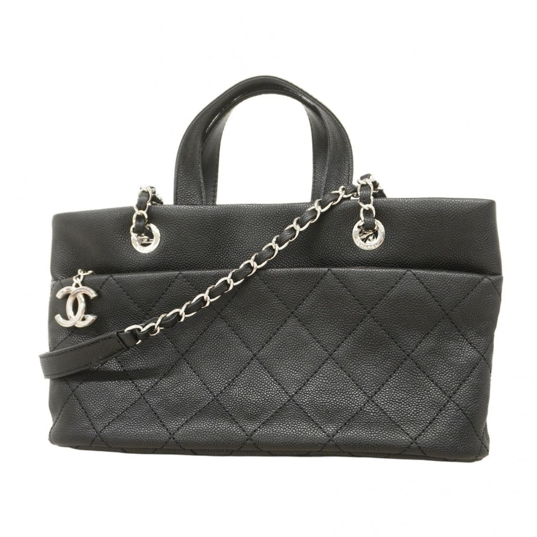 Chanel Matelasse Handbag with Chain Shoulder Strap, Caviar Skin, Black, 2-Way Bag for Women: --- Catalog ---Category: SizeSize (HxWxD): 20cm x 31.5cm x 11cm / 7.87'' x 12.4'' x 4.33''Category: DesignType: HandbagColor: BlackGender: WomenMaterial: Grained Calfskin Hardware Color: SilverCategor