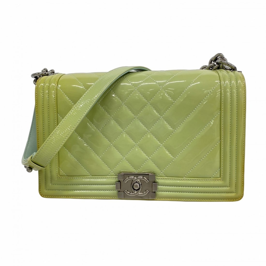 Chanel Boy Chain Shoulder Bag, Patent Leather, Mint Green, Women's (1 of 20)