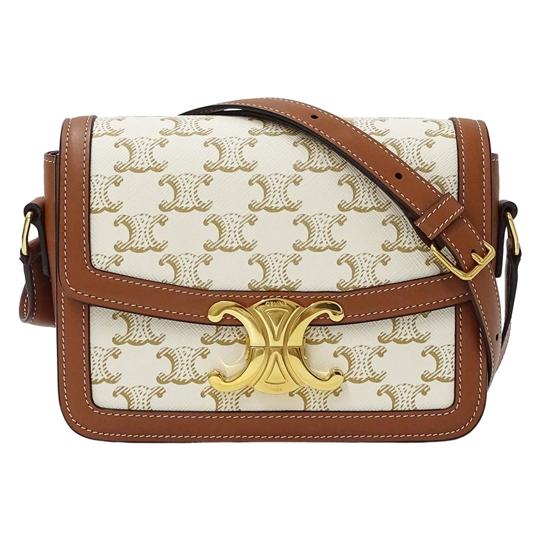 Celine Women's Teen Triomphe Canvas Shoulder Bag in White and Brown.: --- Catalog ---Category: SizeSize (HxWxD): 14cm x 18.5cm x 7cm / 5.51'' x 7.28'' x 2.75''Category: DesignType: Handbag, Shoulder bagColor: Brown, WhiteGender: WomenMaterial: Canvas Category: GeneralBr