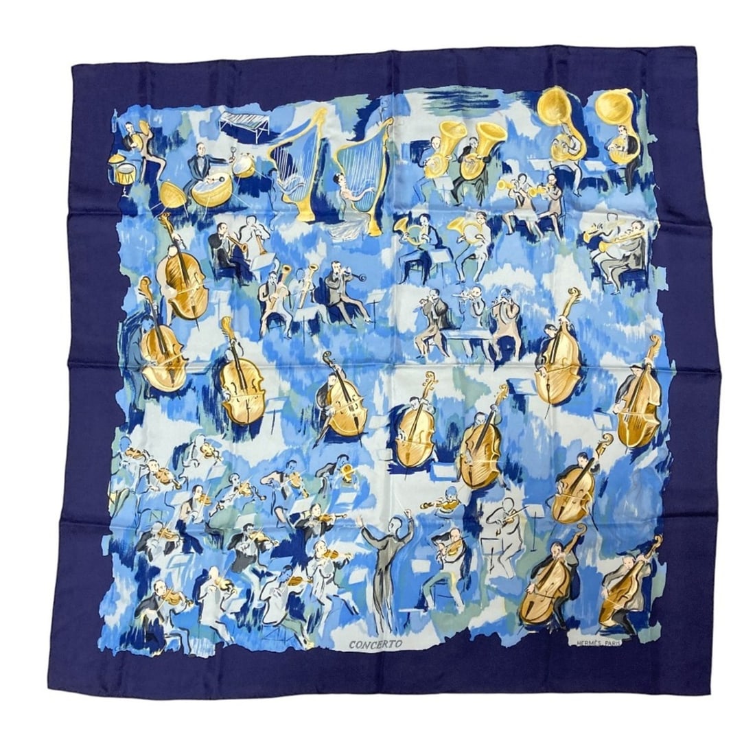 Like-new HERMES CONCERTO Carré 90 silk scarf in navy. Women's. Luxs Pre-owned Brand. (1 of 16)
